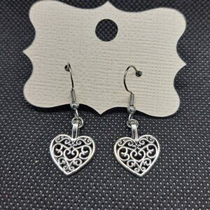Silver tone Lace Heart Dangle Earrings- romantic, classic, delicate, feminine